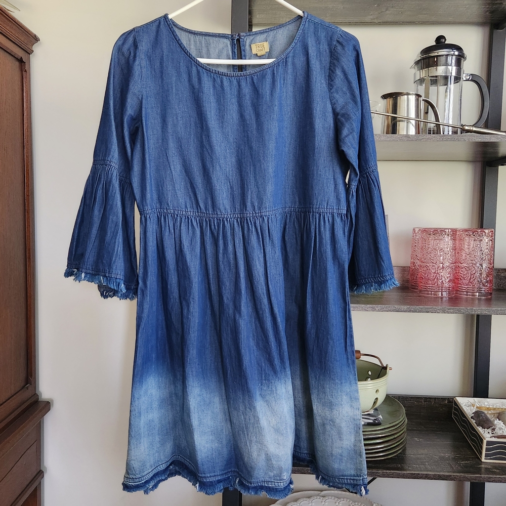 Stylish True Craft Blue Denim Ombray Dress Bell Sleeves Raw Edge Fringe Small